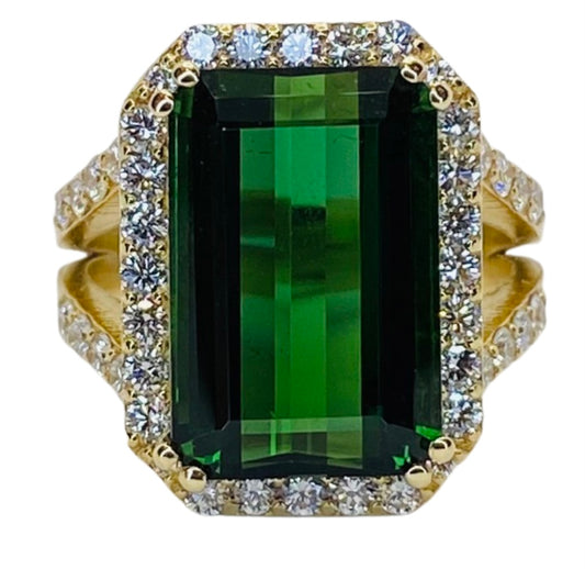 14K Yellow Gold Emerald Cut Green Tourmaline Ring