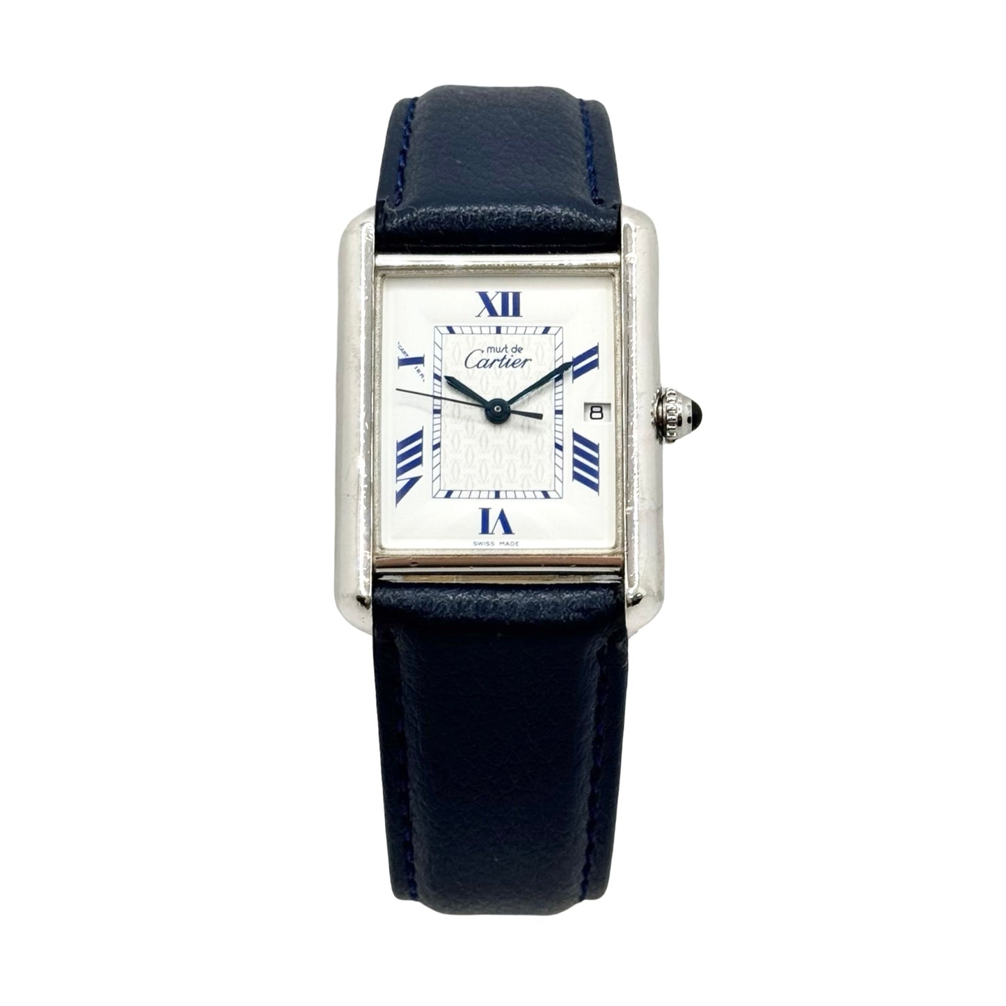 Cartier Must De Cartier Tank Mid Size 925 Silver White Dial Leather Strap Ref.2414