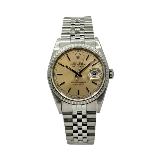 Rolex Datejust 36mm Ivory Sunburst Dial Steel Engine Turned Bezel Jubilee Bracelet 16220
