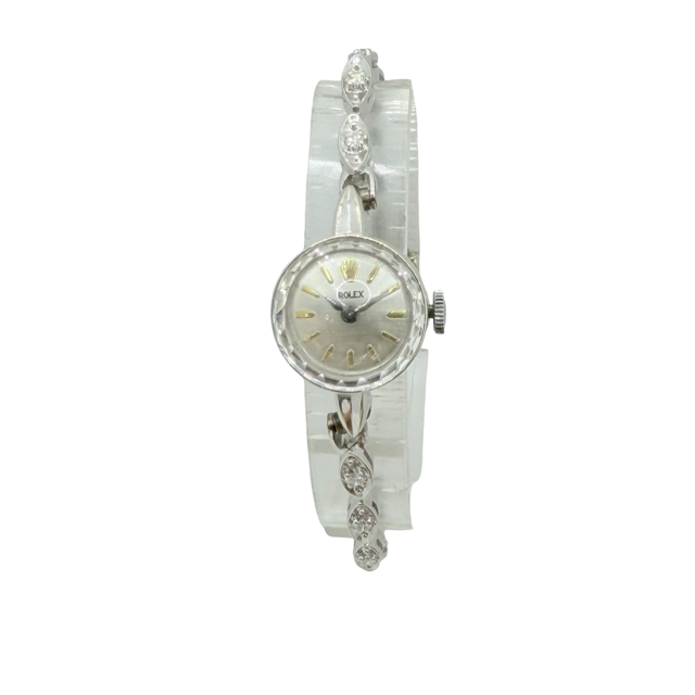 Rolex Vintage Ladies 14K White Gold Cocktail Watch Manual Winding Silver Dial Diamonds on the Bracelet