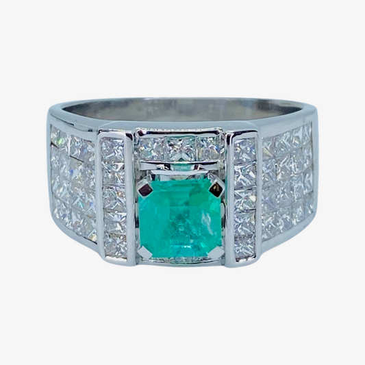 Estate Jewelry Womens 14K White Gold Emerald and Diamond Ring
