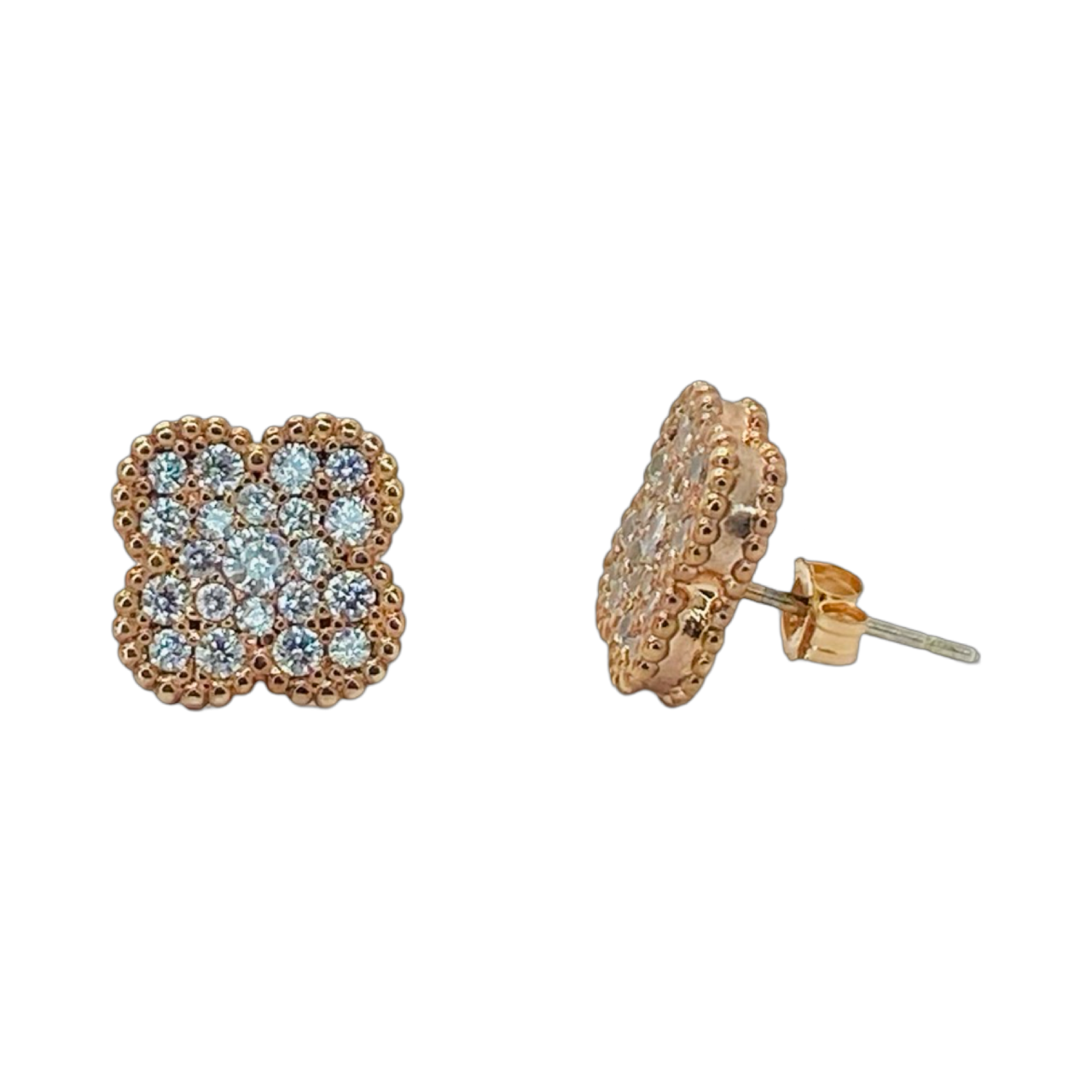 Estate Jewelry Rose Gold Tone Crystal Stud Clover Earrings