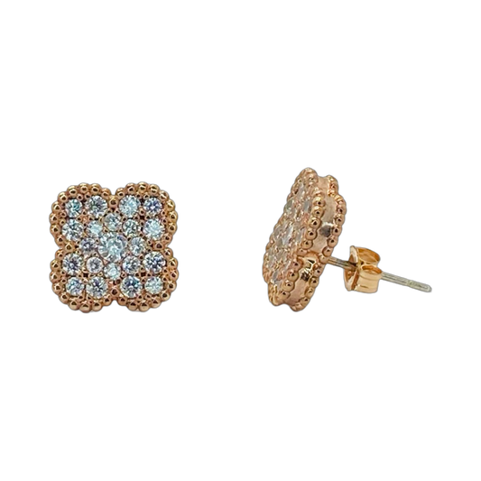 Estate Jewelry Rose Gold Tone Crystal Stud Clover Earrings