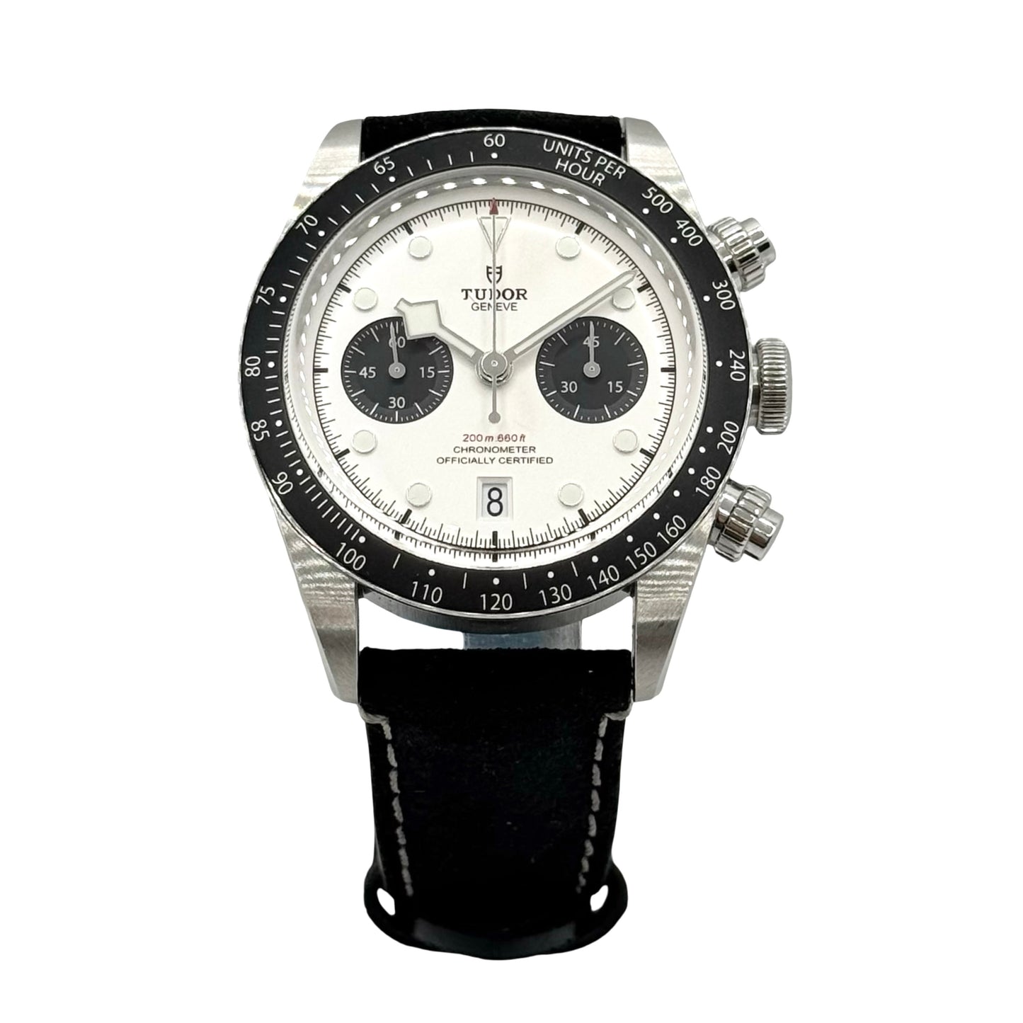 Tudor watch with black strap and white face on a white background