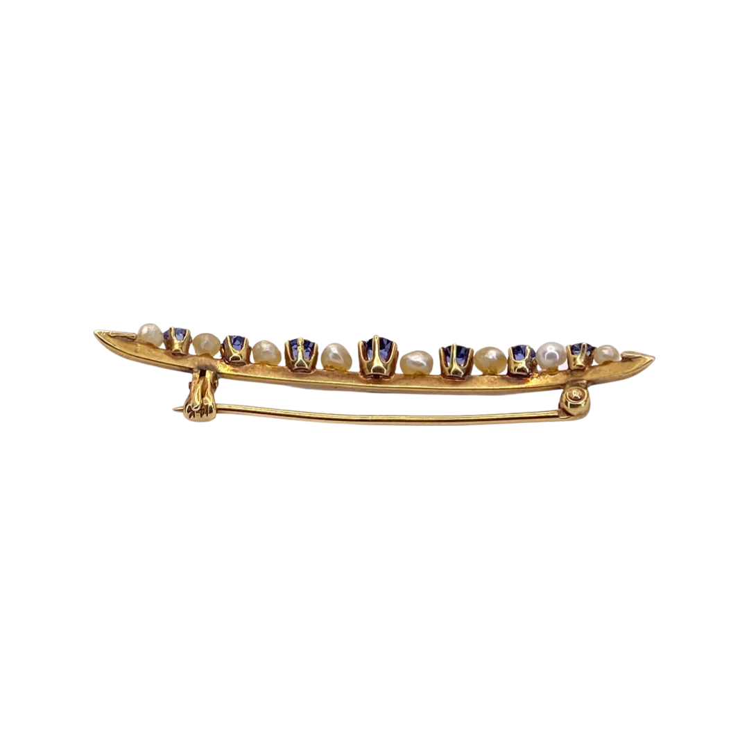 Estate Jewelry 14K Yellow Gold Blue Sapphire & Mother-of-Pearl Brooch