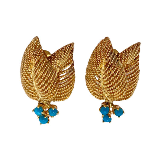 14K Yellow Gold Leaf Turquoise Clip-On Earrings
