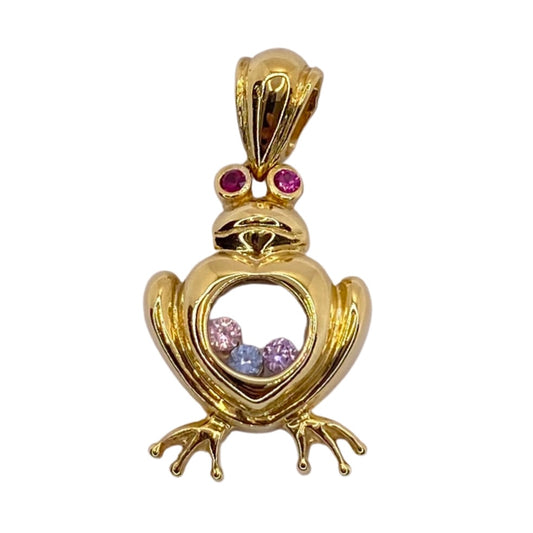 Estate Jewelry 18K Yellow Gold Multi Gemstone Frog Pendant