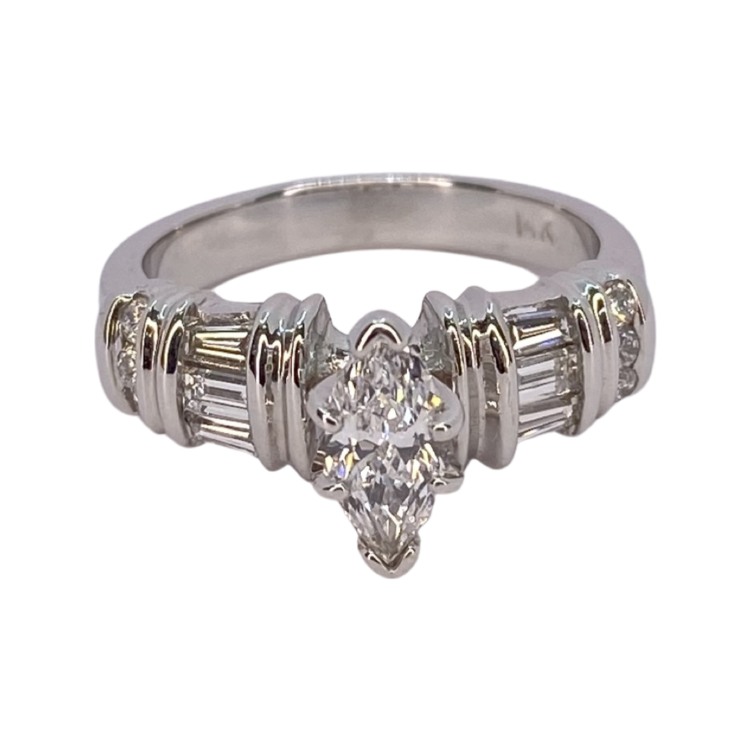 14K White Gold Marquise & Baguette Diamond Ring