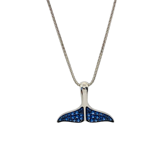 14K White Gold Na Hoku Whale Tail Pendant with Blue Sapphires 40153