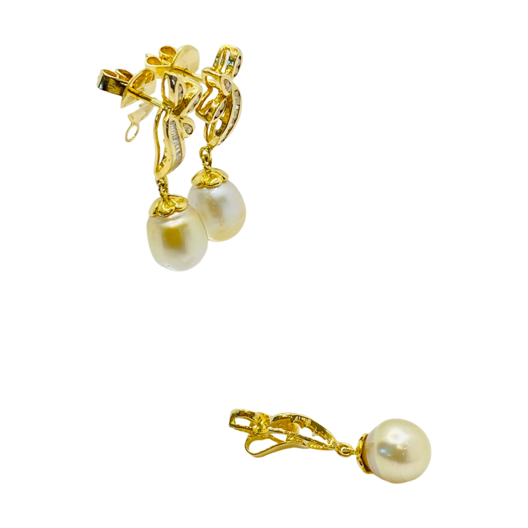 14K Yellow Gold Pearl Earrings and Pendant Set with Diamonds