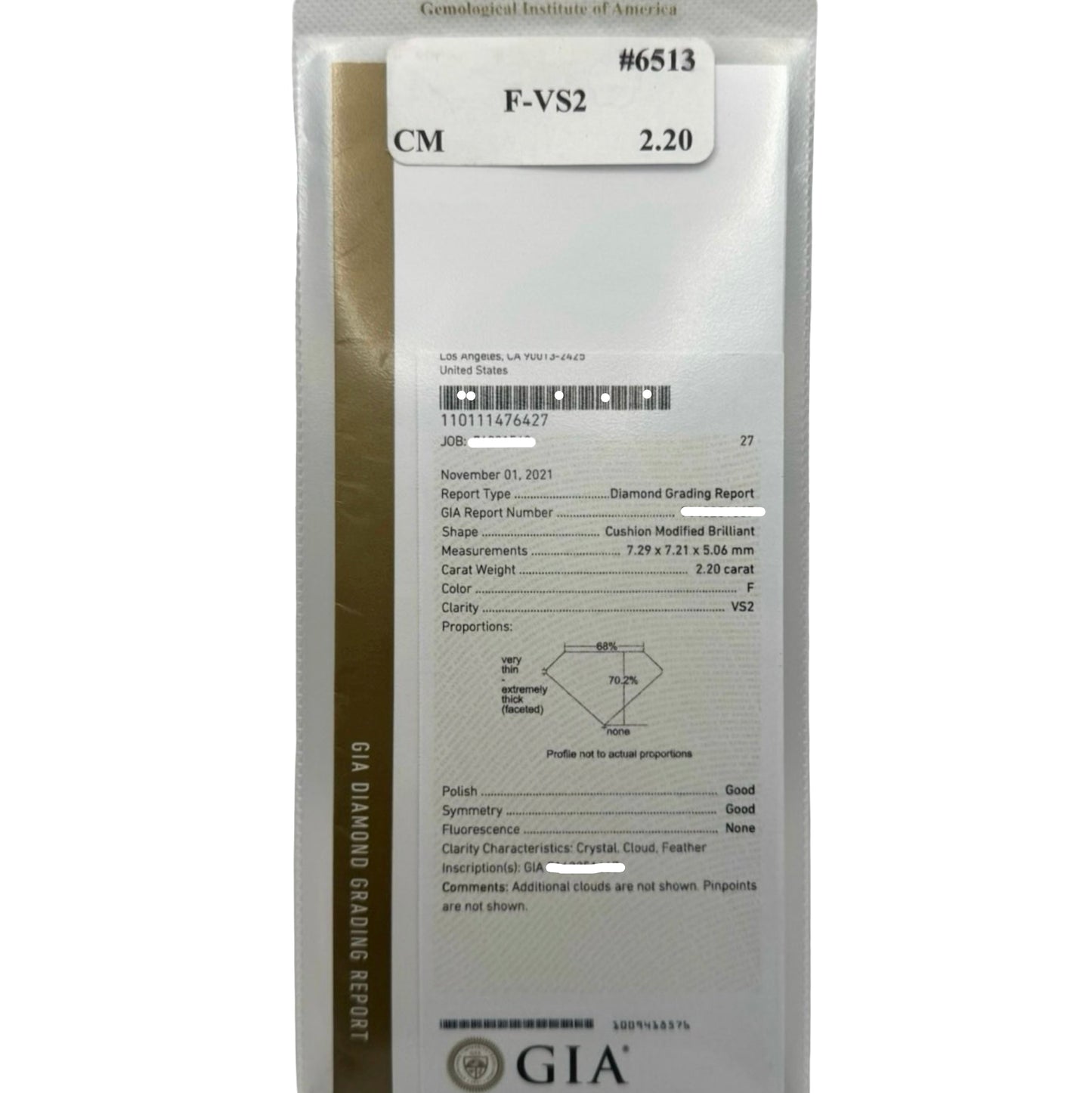 14K Yellow Gold Cushion Diamond Ring 2.20 Carats F, VS2