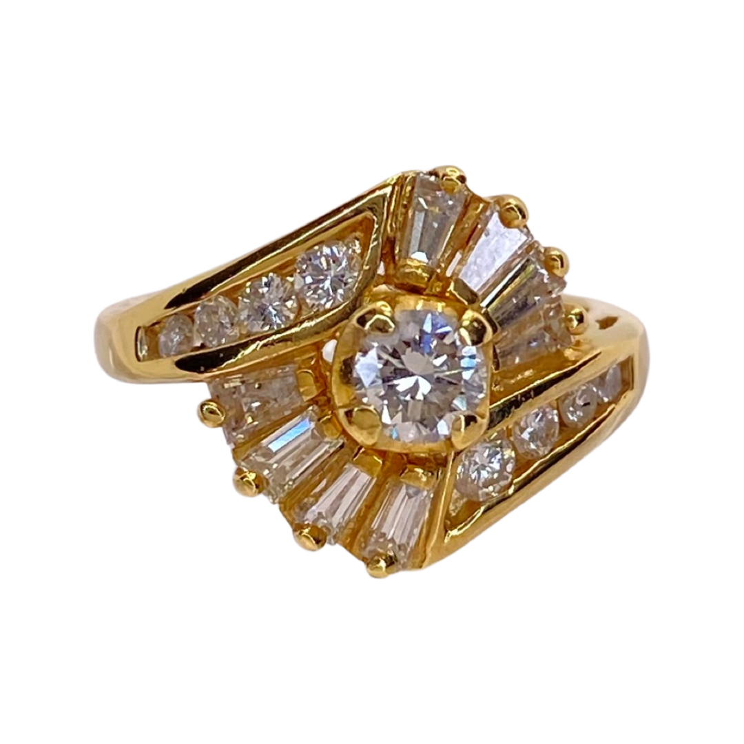 14K Yellow Gold Round & Baguettes Diamond Ring