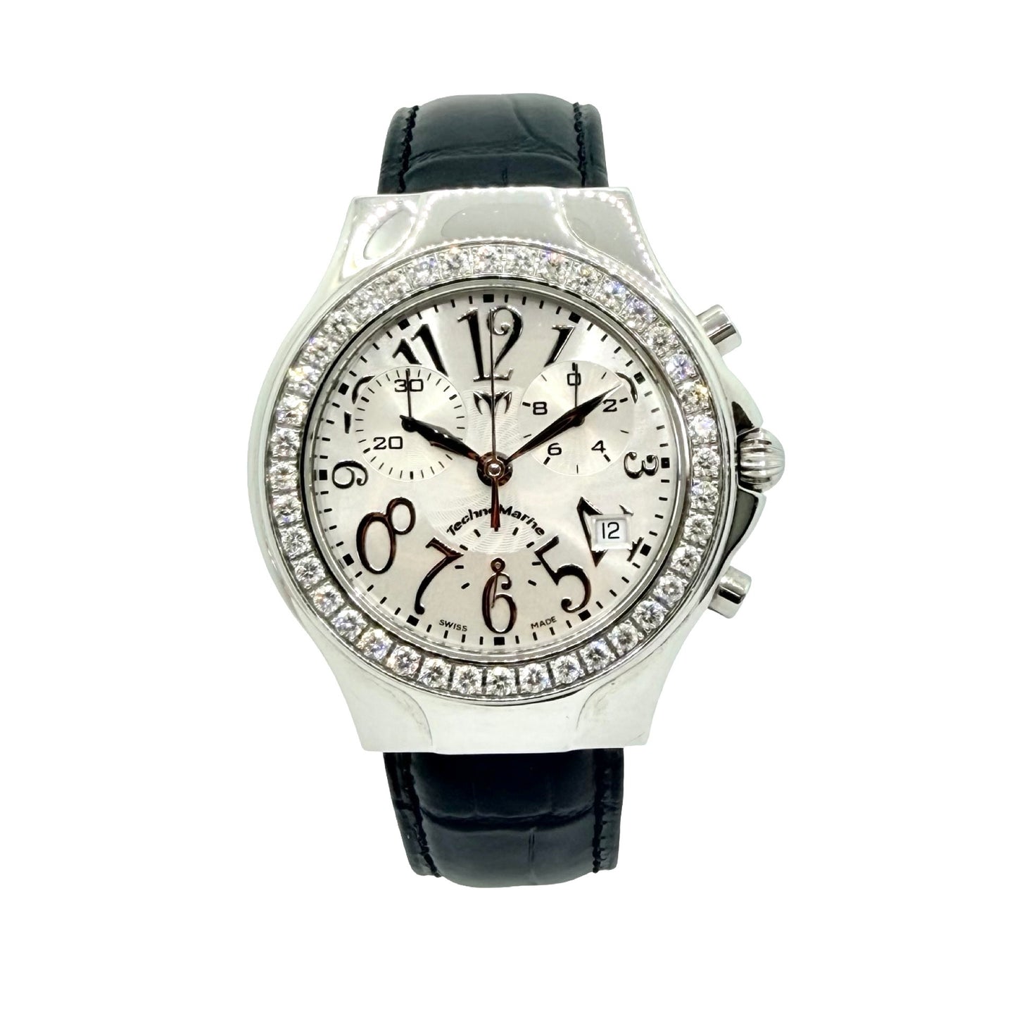 TechnoMarine TechnoDiamond Diva Quartz Chronograph White Mother-of-Pearl Dial 2.00 CaratDiamond Bezel Black Leather Strap DRMD
