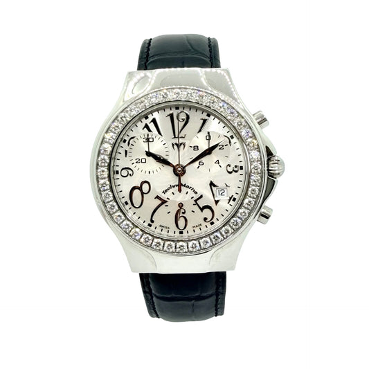 TechnoMarine TechnoDiamond Diva Quartz Chronograph White Mother-of-Pearl Dial 2.00 CaratDiamond Bezel Black Leather Strap DRMD
