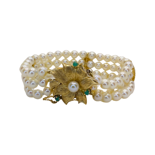 Estate Jewelry 14K Yellow Gold Three-Strand Pearl Bracelet