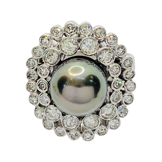 18K White Gold Tahitian Pearl & Diamond Ring