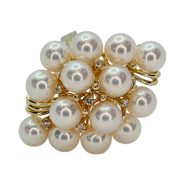 14K Yellow Gold Women's Round Mother-of-Pearl Cluster Ring with Diamonds