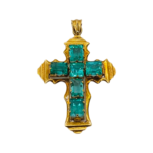 Estate Jewelry 18K Yellow Gold Emerald Cross Pendant