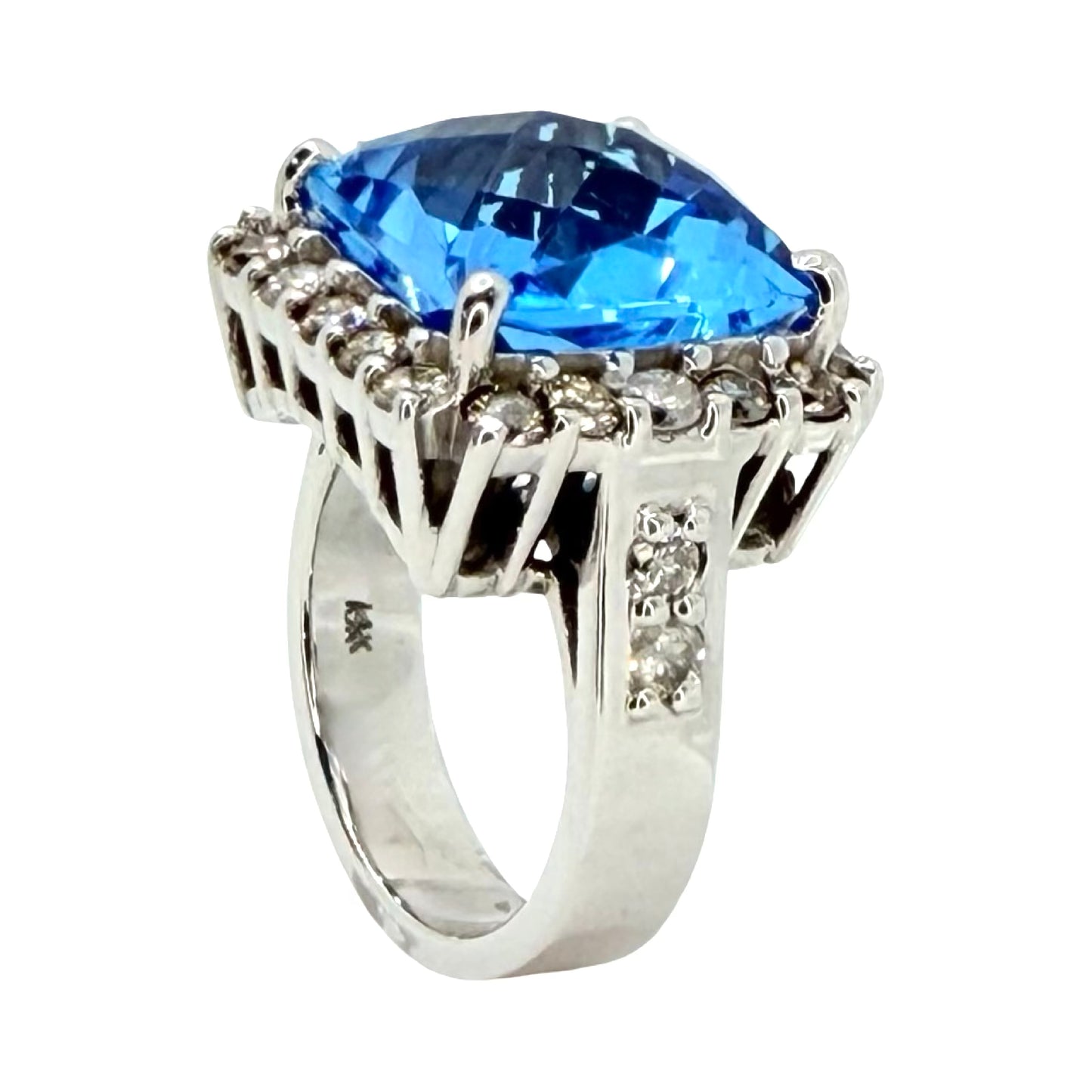 14K White Gold 12.00 Carat Blue Topaz Cocktail Ring 1.20 Carats Diamonds