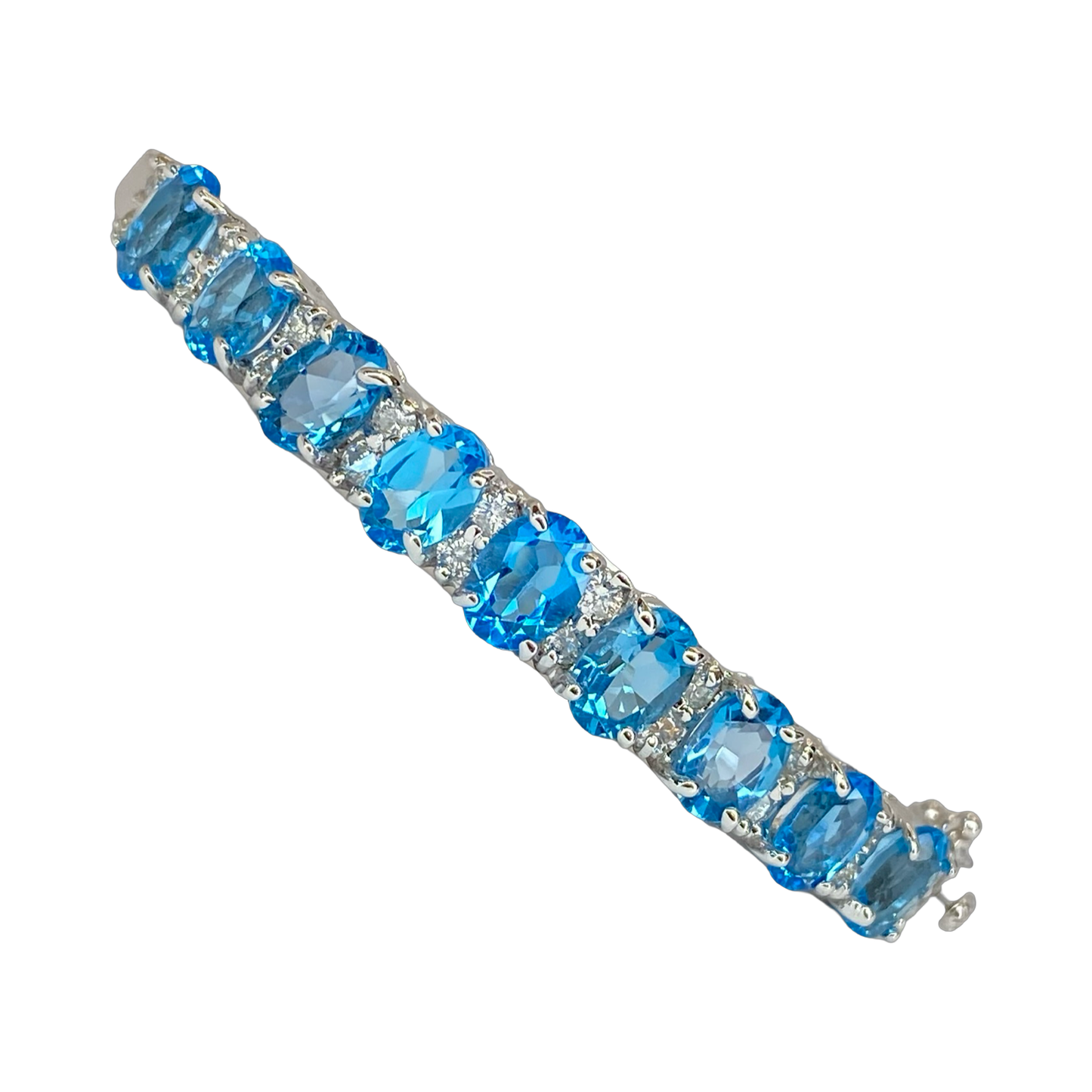 14K White Gold 10.00 Carats Oval Blue Topaz Bangle with Diamonds