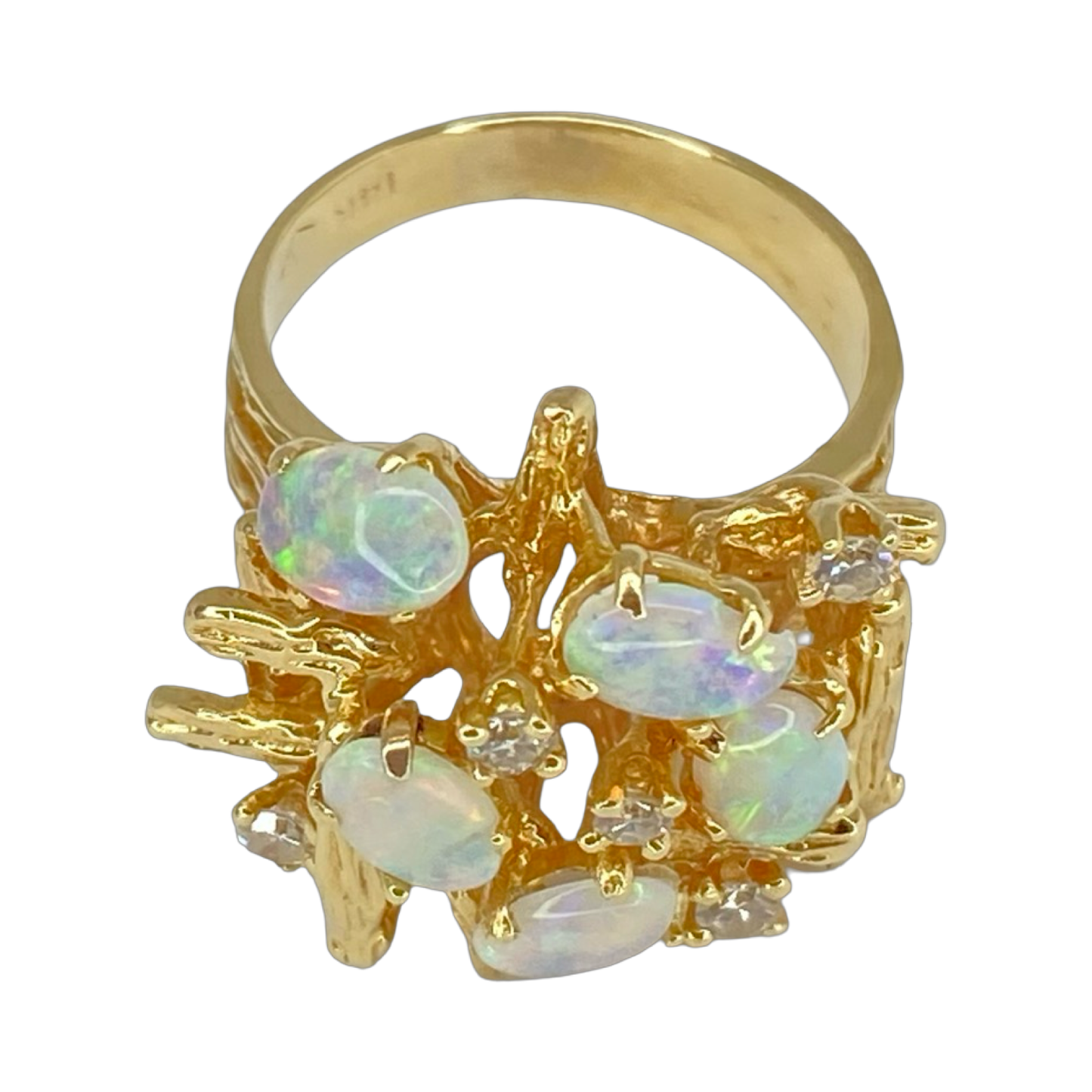Estate Jewelry 14K Yellow Gold Opal and Diamond Cluster Ring