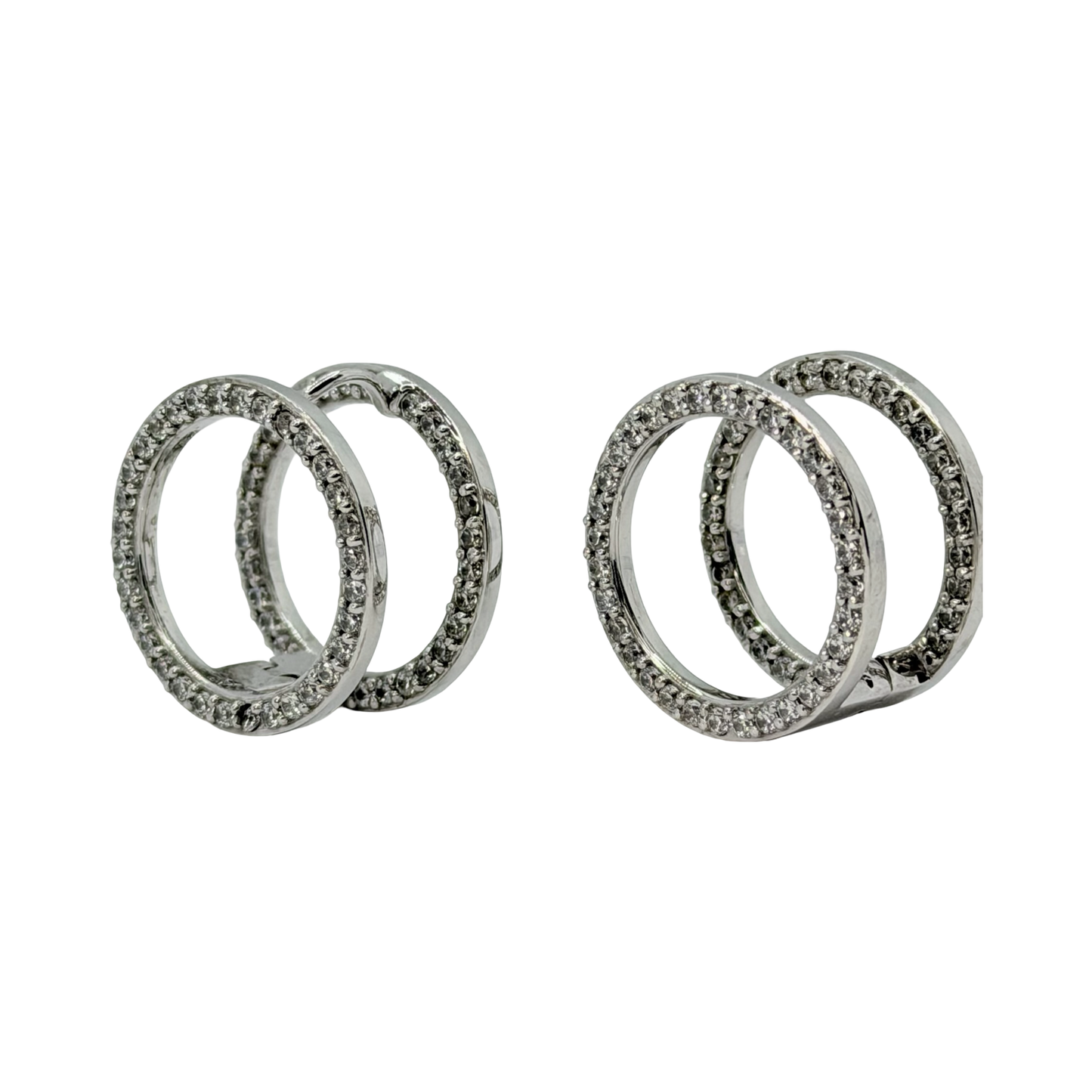 14K White Gold Double Hoop Earrings with CZ Stones