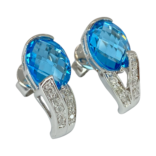 14K White Gold Faceted 4.00 Carats Oval Blue Topaz Earrings