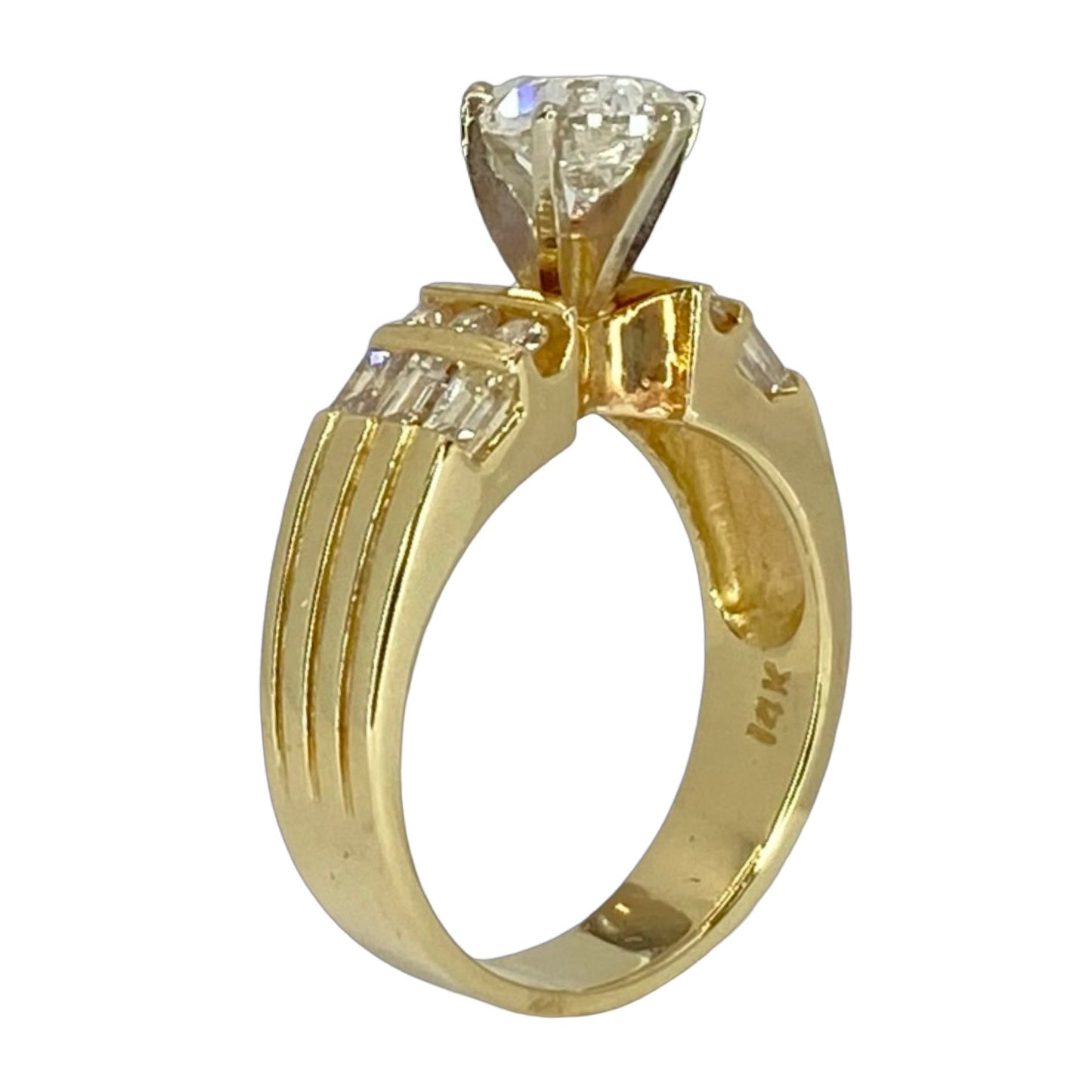 Estate Jewelry 14K Gold Pear Diamond Ring 0.75 Carat and 0.30 Carat Baguettes