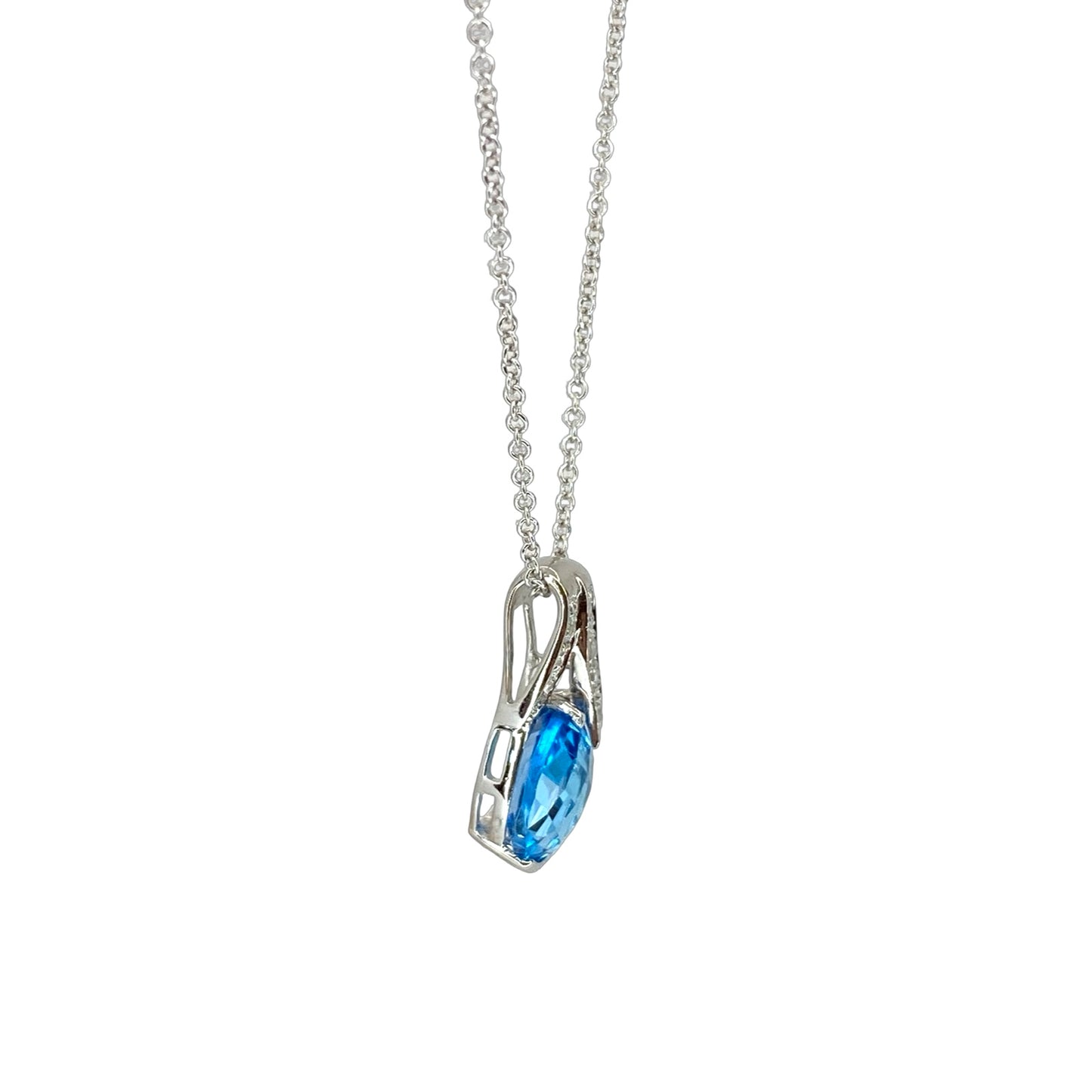 14K White Gold Faceted Oval Blue Topaz Pendant 2.00 Carats with Diamonds