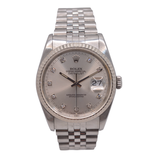 Rolex Datejust 36mm 18K White Gold Fluted Bezel Silver Factory Diamond Dial Jubilee Bracelet 16234 C.1991