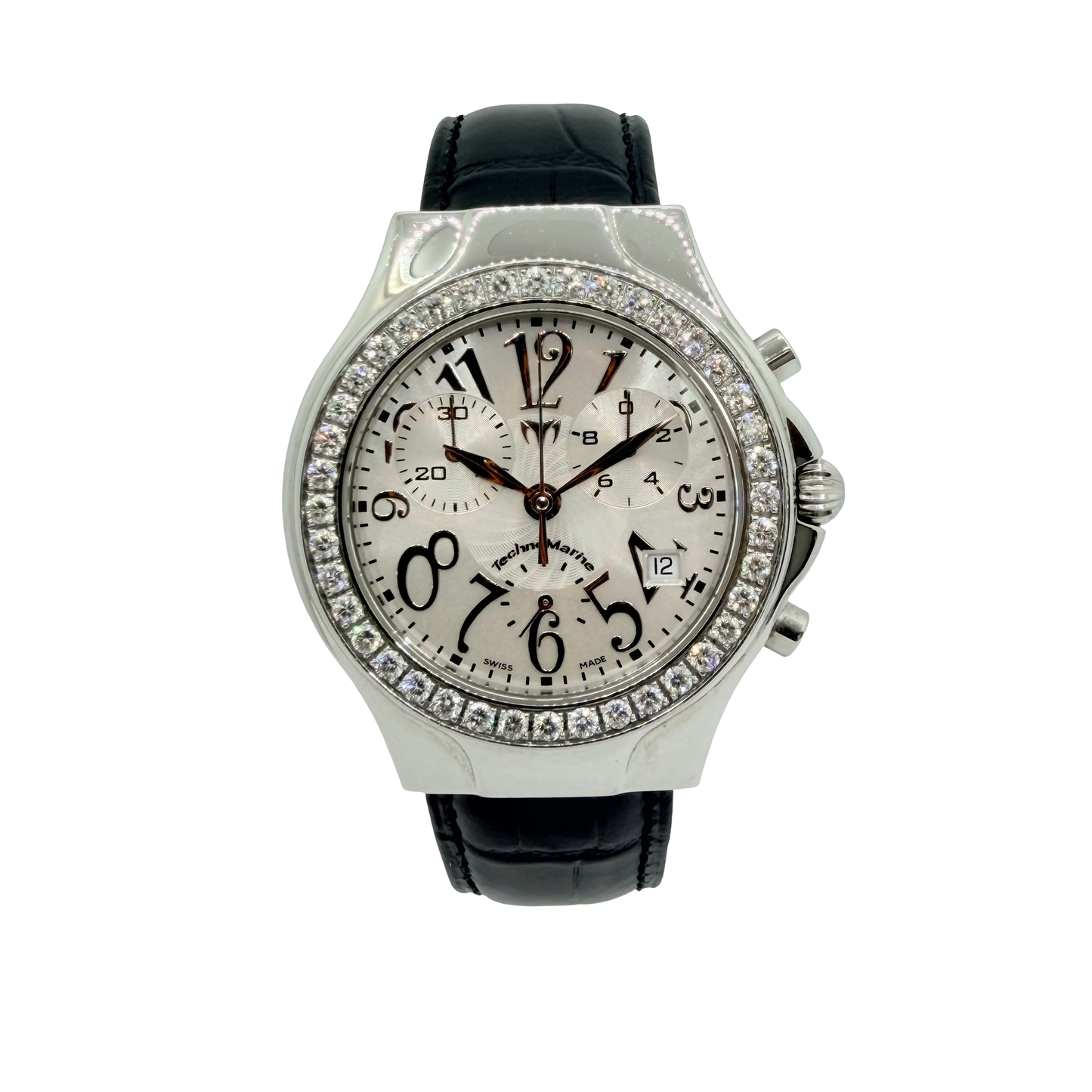 TechnoMarine TechnoDiamond Diva Quartz Chronograph White Mother-of-Pearl Dial 2.00 CaratDiamond Bezel Black Leather Strap DRMD