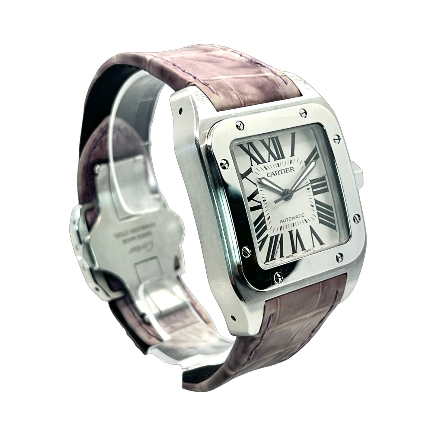 Cartier Santos 100 XL Automatic White Dial Stainless Steel Pink Strap 2656
