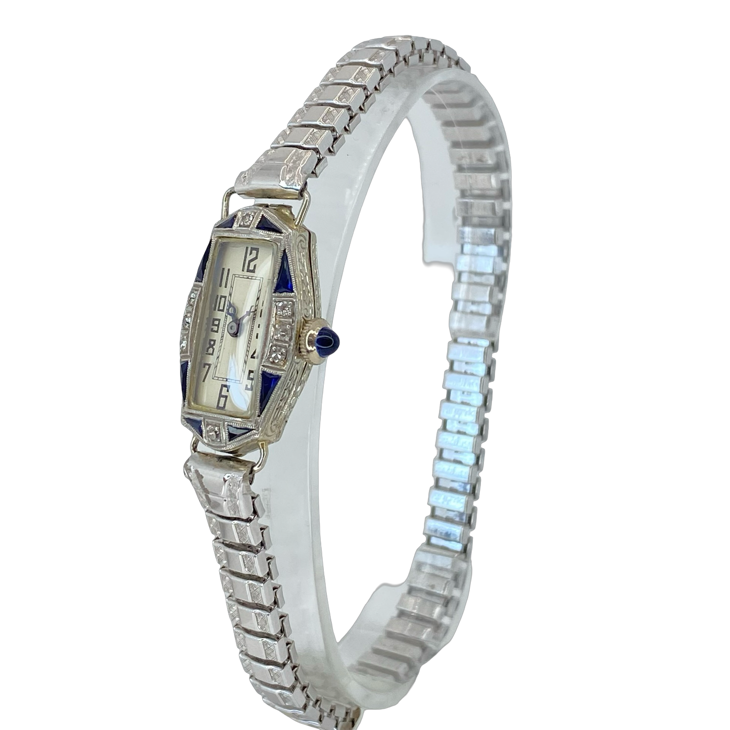 Vintage Ladies 18K/Platinum Art Deco Diamonds and Sapphire Manual Wind Watch