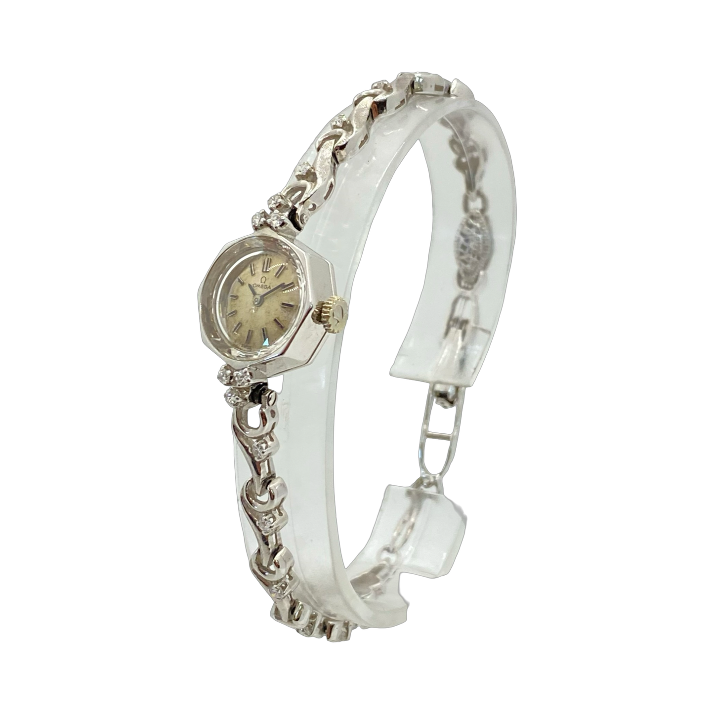 Vintage 14K White Gold Omega Cocktail Watch with Diamonds Manual Wind Ref. EE7446