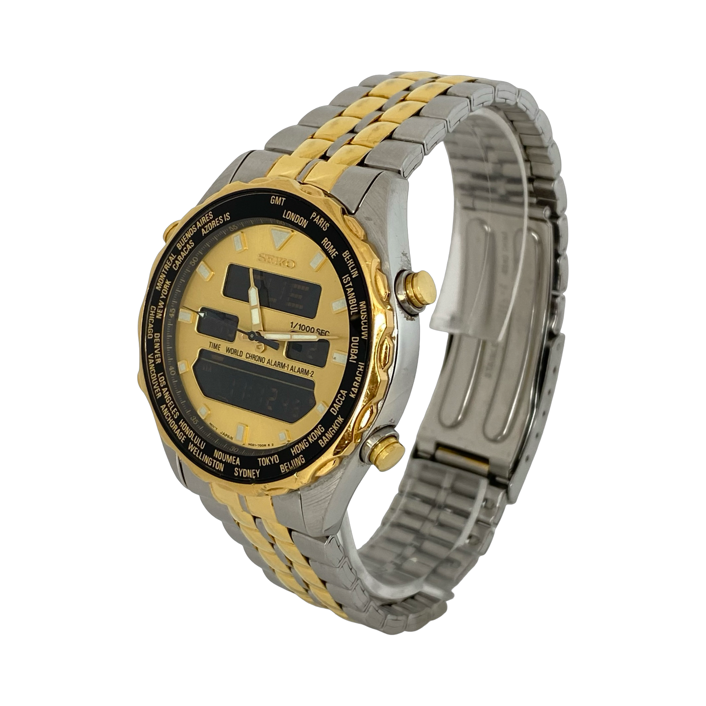 Seiko World Time Pilot Chronograph Ana/Digi Gold/ Steel H021-7001 Pre-Owned C.2004