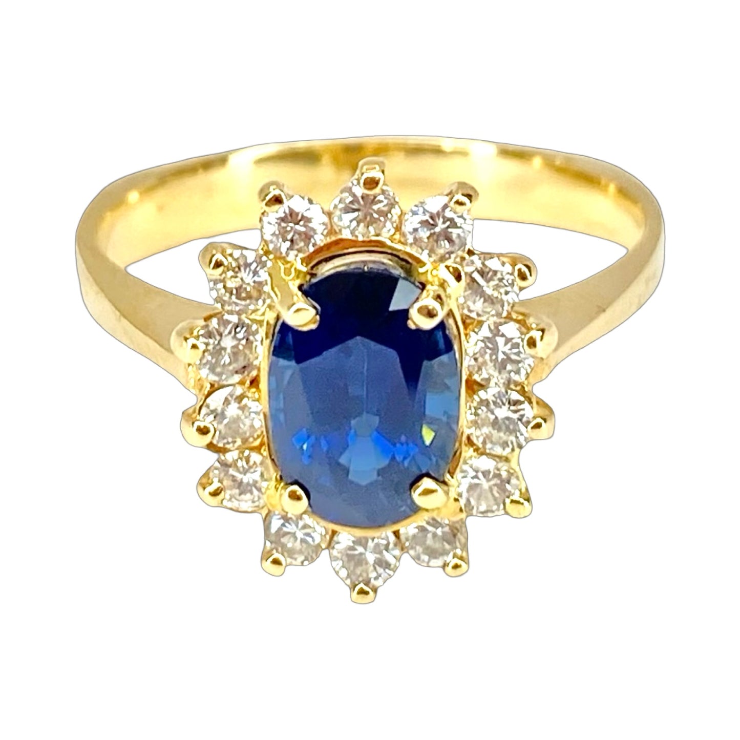 14K Yellow Gold Oval 1.20 Carats Blue Sapphire and 0.70 Carat Diamond Halo Ring