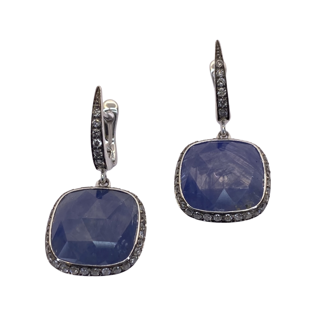 18K White Gold Blue Sapphire & Diamond Dangle Earrings