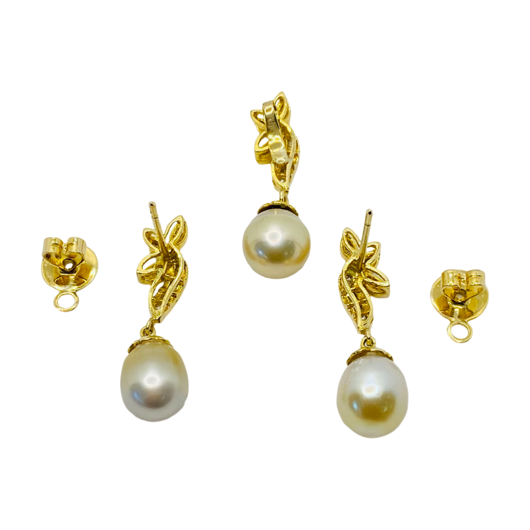 14K Yellow Gold Pearl Earrings and Pendant Set with Diamonds