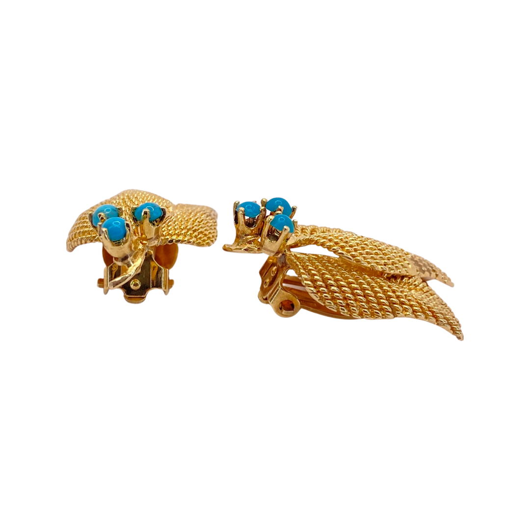 14K Yellow Gold Leaf Turquoise Clip-On Earrings