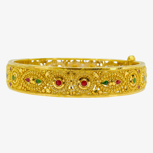 Estate Jewelry 24K Yellow Gold Bangle Bracelet with Red and Green Enamel
