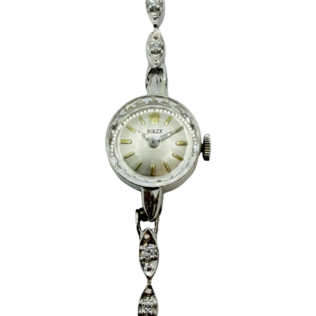 Rolex Vintage Ladies 14K White Gold Cocktail Watch Manual Winding Silver Dial Diamonds on the Bracelet