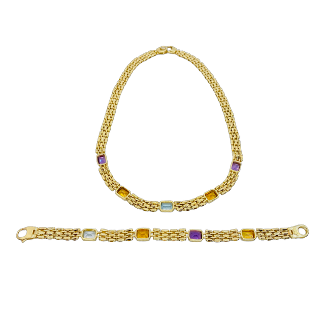 14K Yellow Gold Multi Gemstone Necklace and Bracelet Set