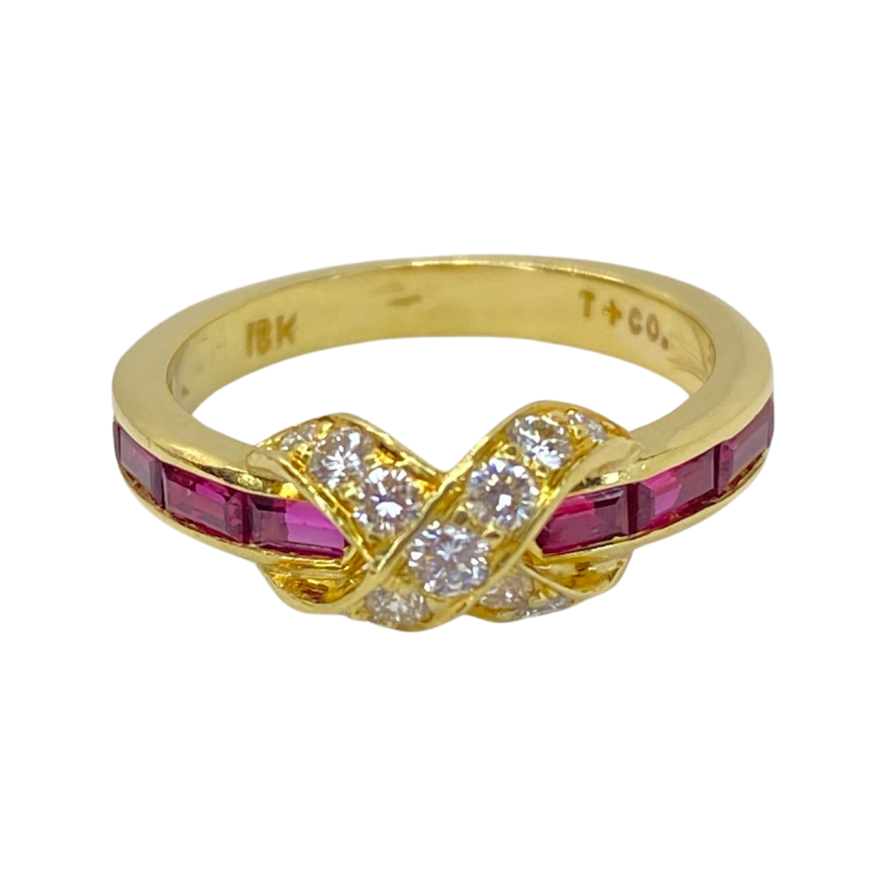 Estate Jewelry 18K Yellow Gold Tiffany & Co "X" Diamond and Ruby Ring