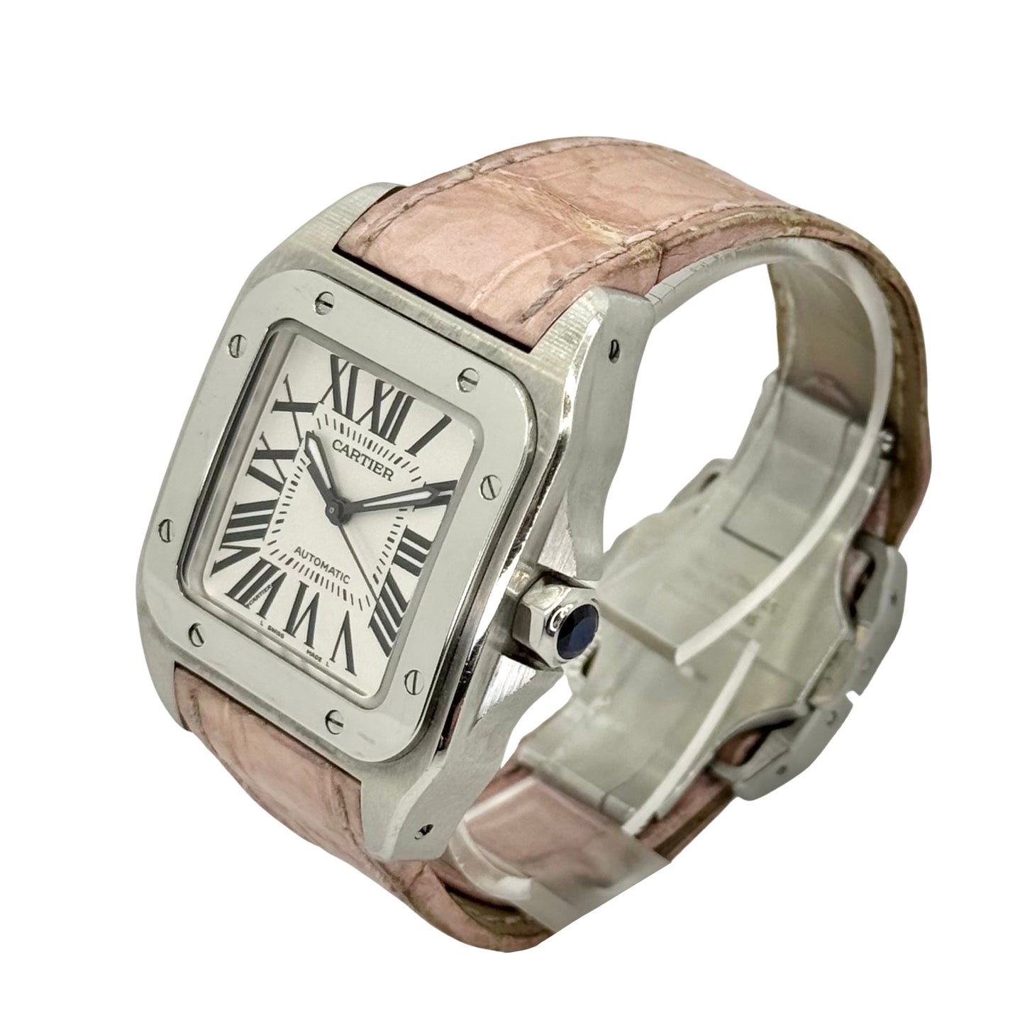 Cartier Santos 100 Automatic Silver Dial Pink Crocodile Strap 2878/ W20126X8