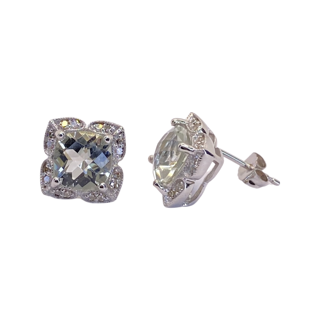 14K White Gold Green Amethyst & Diamond Stud Earrings