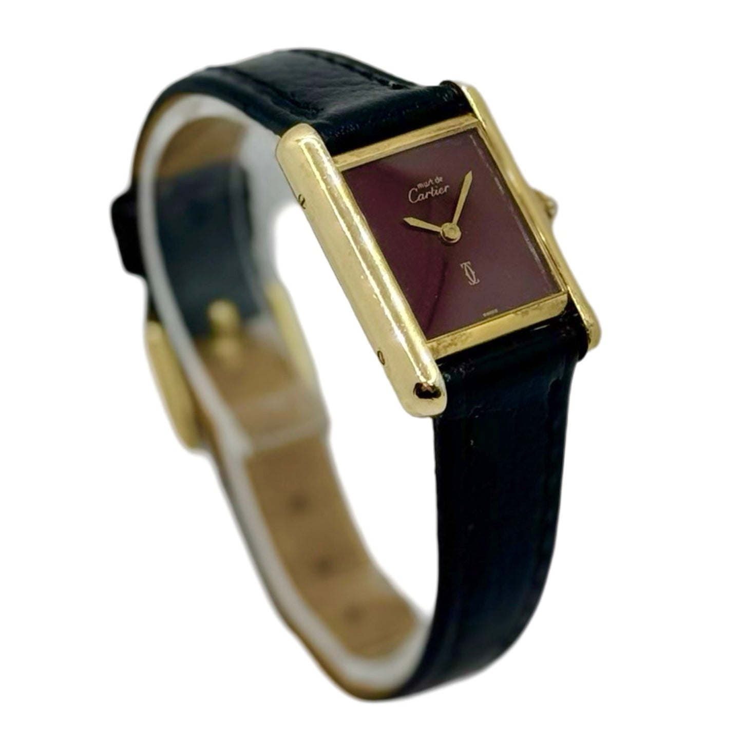 Cartier Must De Cartier Tank Small 925 Vermeil Burgundy Dial Black Strap