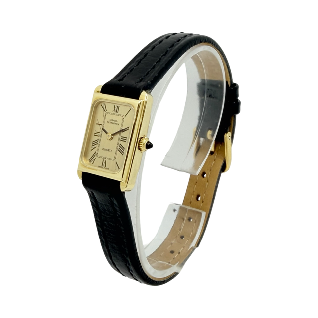 Girard Perregaux Ladies 18K Gold Quartz Champagne Dial Black Strap