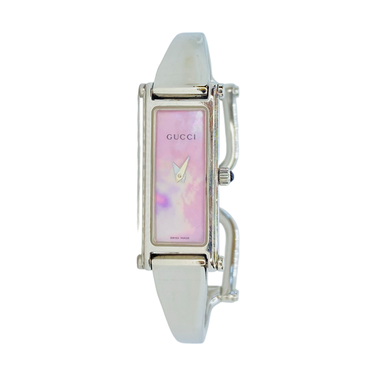 Gucci 1500L Small Rectangular Bangle Watch Pink Mother-of-Pearl Dial YA015509