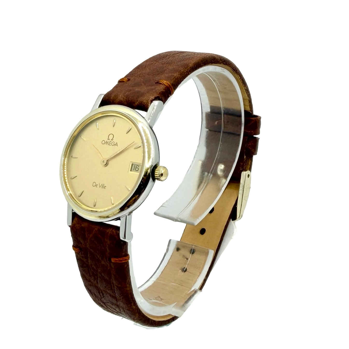 Omega De Ville Quartz 25mm 18K Gold and Steel Champagne Dial Leather Strap 596.2379