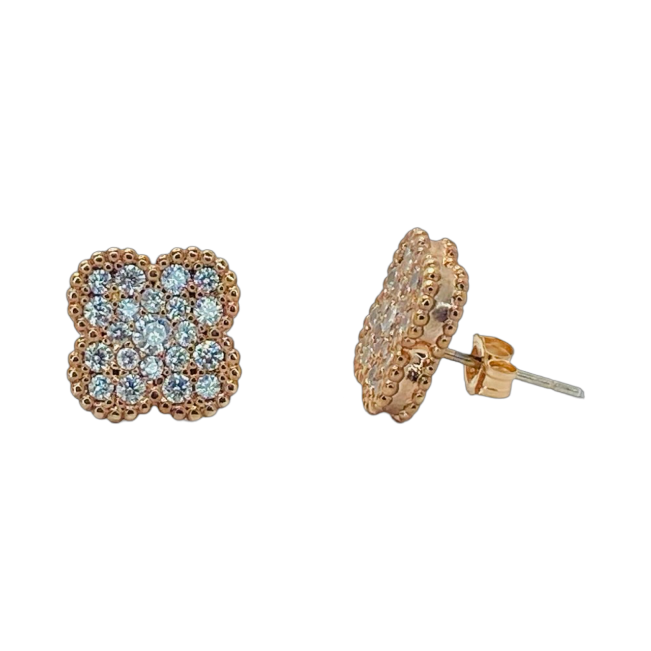 Estate Jewelry Rose Gold Tone Crystal Stud Clover Earrings